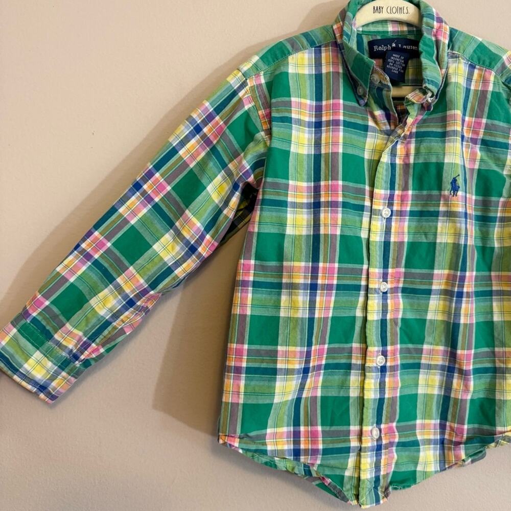 Ralph Lauren Boys Green Pink Plaid Long Sleeve Button Down Shirts Size 4 - Picture 4 of 5